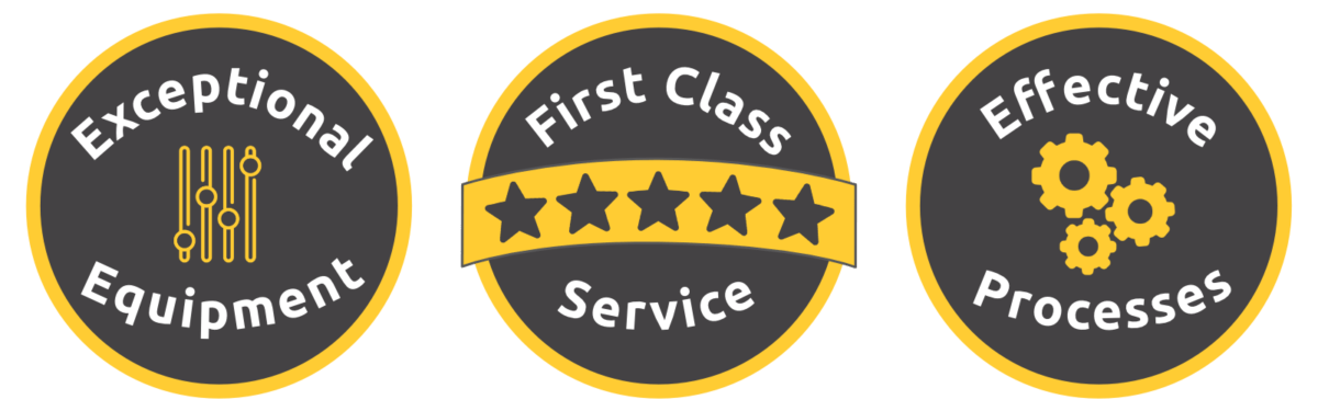 icons showing exceptional equipment, first class services and effective processes